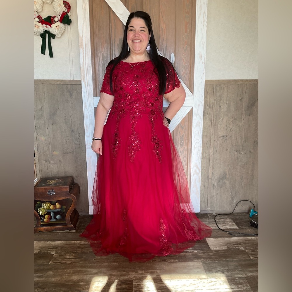 Elegant Red Lace Evening Gown With Corset Back. Beautiful beading. Size 20W - Picture 7 of 7